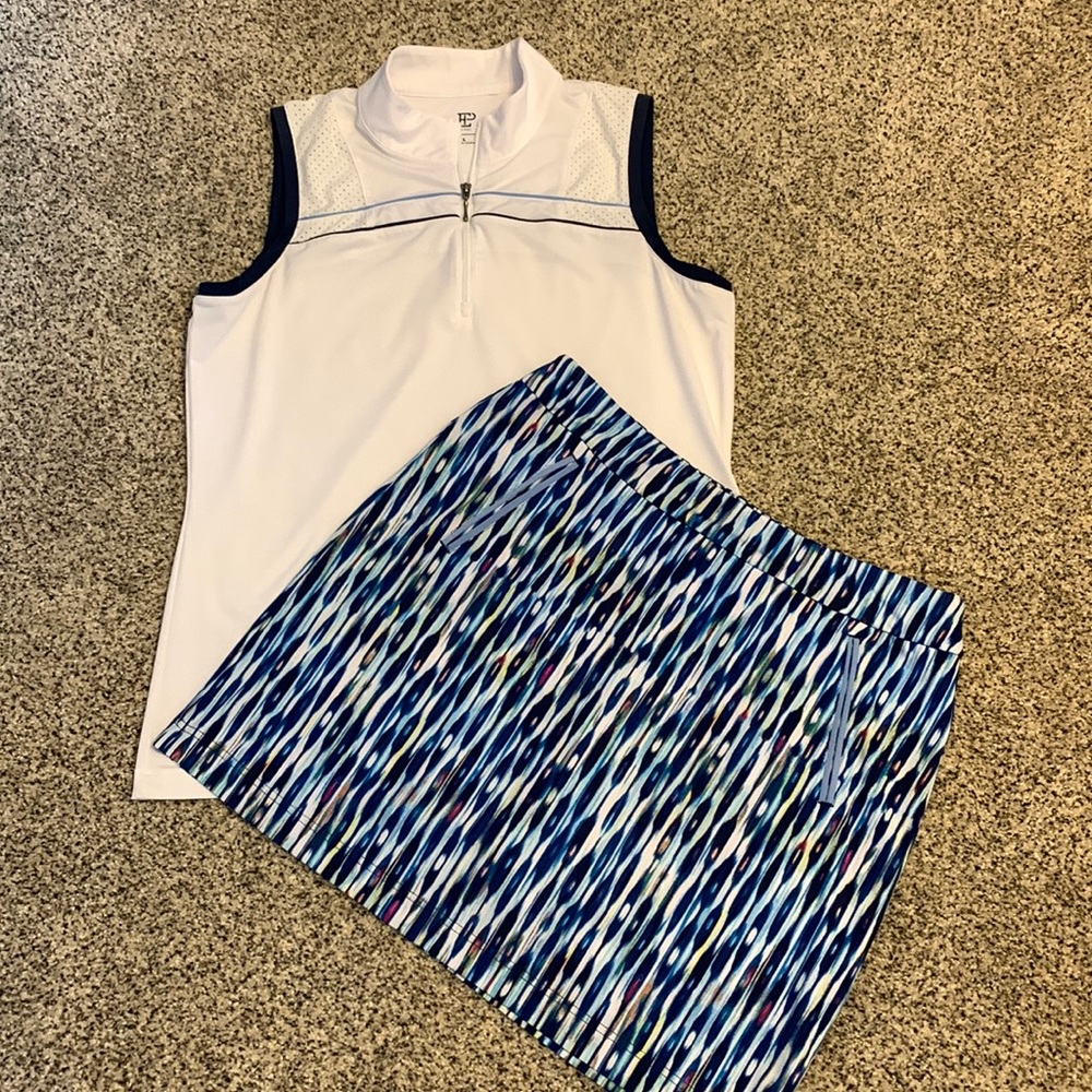 EP Pro White Sleeveless Golf Top with Blue Patterned Skort
